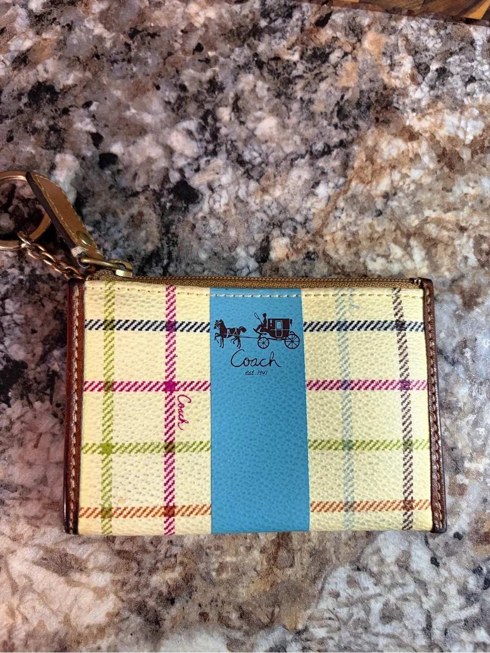 Coach Plaid Zip Card Case with Sky Blue Stripe